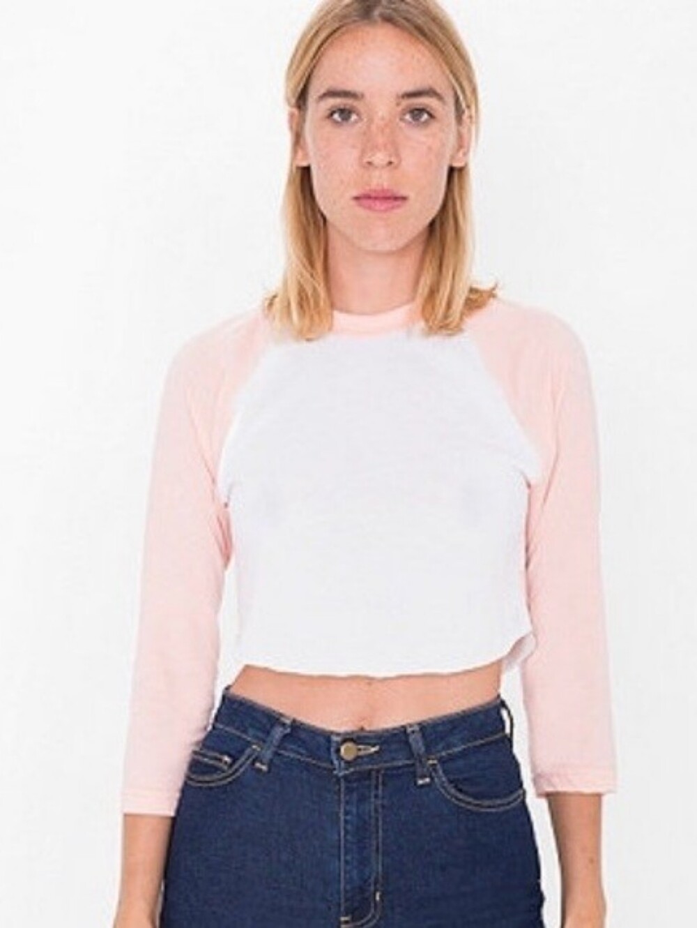American Apparel Cropped Baseball Tee Pink White Size XS/S